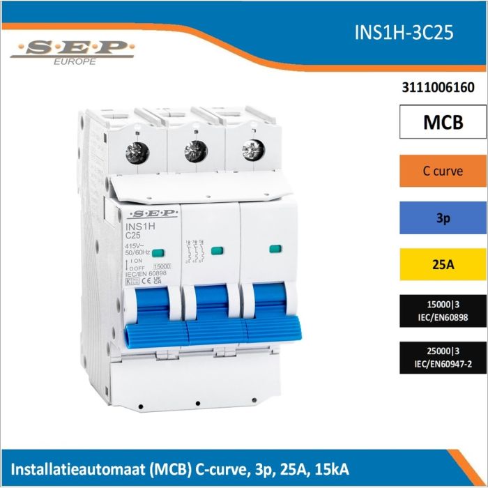 SEP Europe INS1H-3C25 installatieautomaat, MCB C-curve, 3p, 25A, kortsluitvastheid 15kA/25kA