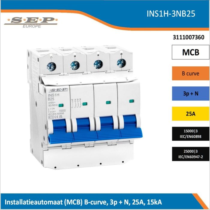 SEP Europe INS1H-3NB25 installatieautomaat, MCB B-curve, 3p+N, 25A, kortsluitvastheid 15kA/25kA SEP Europe INS1H-3NB25 installatieautomaat, MCB B-curve, 3p+N, 25A, kortsluitvastheid 15kA/25kA