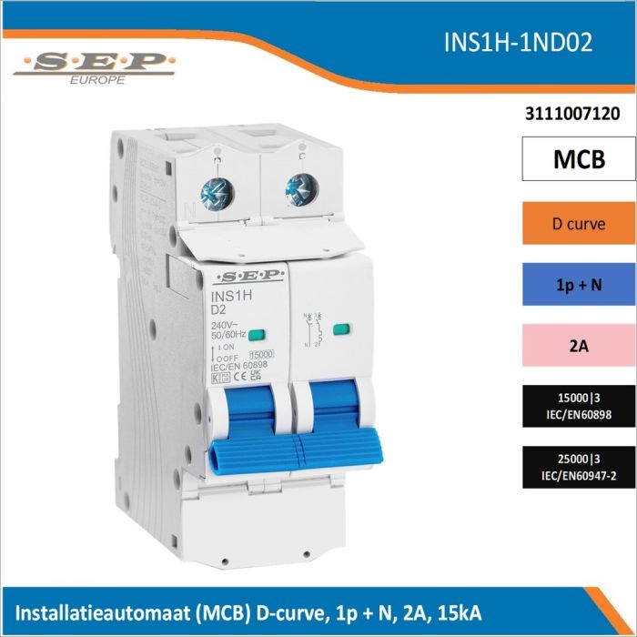 SEP Europe INS1H-1ND2 installatieautomaat, MCB D-curve, 1p+N, 2A, kortsluitvastheid 15kA/25kA SEP Europe INS1H-1ND2 installatieautomaat, MCB D-curve, 1p+N, 2A, kortsluitvastheid 15kA/25kA