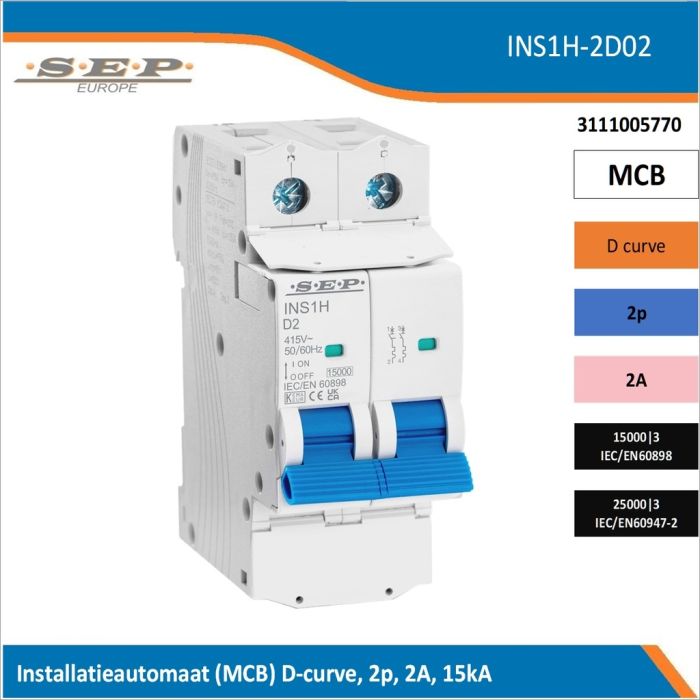 SEP Europe INS1H-2D02 installatieautomaat, MCB D-curve, 2p, 2A, kortsluitvastheid 15kA/25kA SEP Europe INS1H-2D02 installatieautomaat, MCB D-curve, 2p, 2A, kortsluitvastheid 15kA/25kA