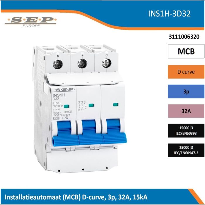 SEP Europe INS1H-3D32 installatieautomaat, MCB D-curve, 3p, 32A, kortsluitvastheid 15kA/25kA SEP Europe INS1H-3D32 installatieautomaat, MCB D-curve, 3p, 32A, kortsluitvastheid 15kA/25kA