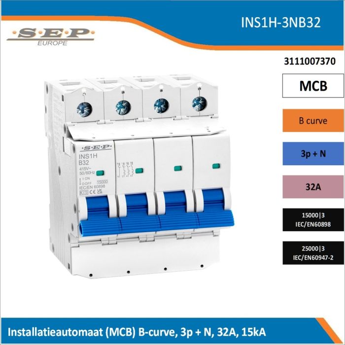 SEP Europe INS1H-3NB32 installatieautomaat, MCB B-curve, 3p+N, 32A, kortsluitvastheid 15kA/25kA