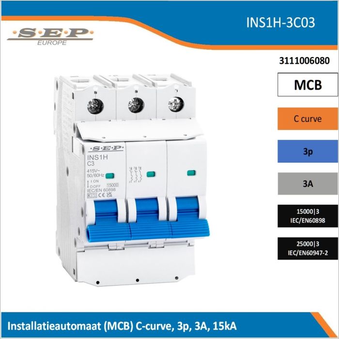 SEP Europe INS1H-3C03 installatieautomaat, MCB C-curve, 3p, 3A, kortsluitvastheid 15kA/25kA