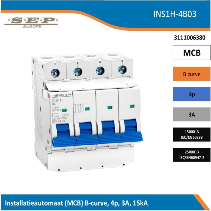 SEP Europe INS1H-4B03 installatieautomaat, MCB B-curve, 4p, 3A, kortsluitvastheid 15kA/25kA SEP Europe INS1H-4B03 installatieautomaat, MCB B-curve, 4p, 3A, kortsluitvastheid 15kA/25kA