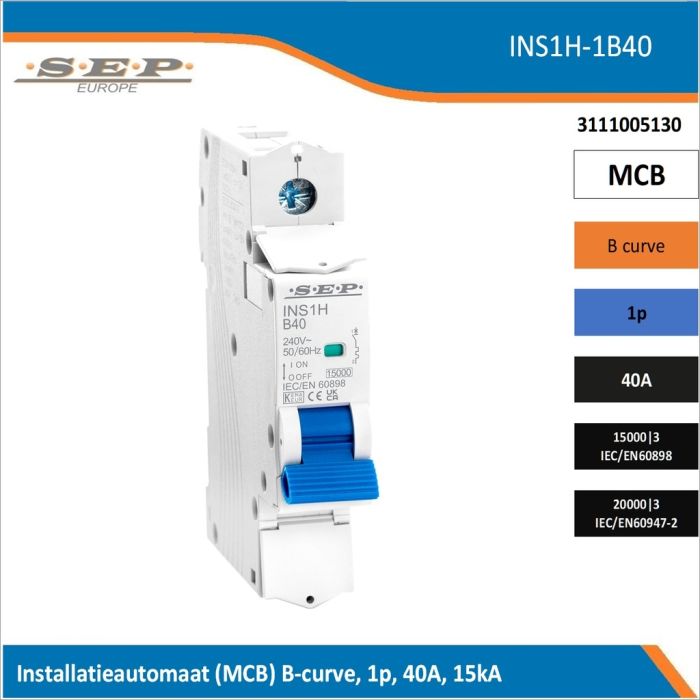 SEP Europe INS1H-1B40 installatieautomaat, MCB B-curve, 1p, 40A, kortsluitvastheid 15kA/20kA SEP Europe INS1H-1B40 installatieautomaat, MCB B-curve, 1p, 40A, kortsluitvastheid 15kA/20kA
