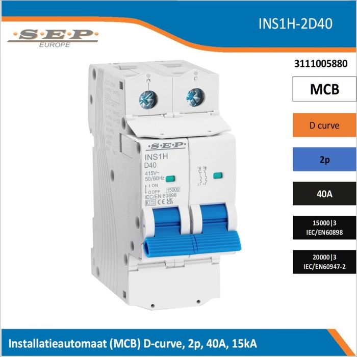 SEP Europe INS1H-2D40 installatieautomaat, MCB D-curve, 2p, 40A, kortsluitvastheid 15kA/20kA