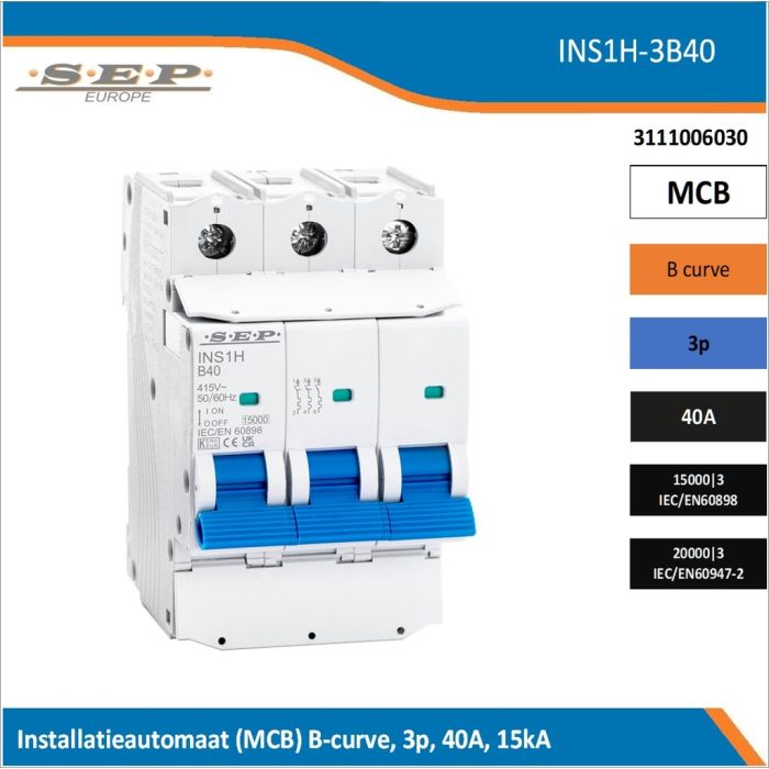 SEP Europe INS1H-3B40 installatieautomaat, MCB B-curve, 3p, 40A, kortsluitvastheid 15kA/20kA SEP Europe INS1H-3B40 installatieautomaat, MCB B-curve, 3p, 40A, kortsluitvastheid 15kA/20kA