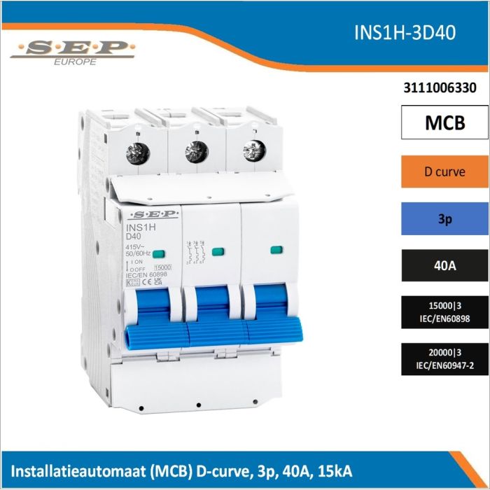 SEP Europe INS1H-3D40 installatieautomaat, MCB D-curve, 3p, 40A, kortsluitvastheid 15kA/20kA SEP Europe INS1H-3D40 installatieautomaat, MCB D-curve, 3p, 40A, kortsluitvastheid 15kA/20kA