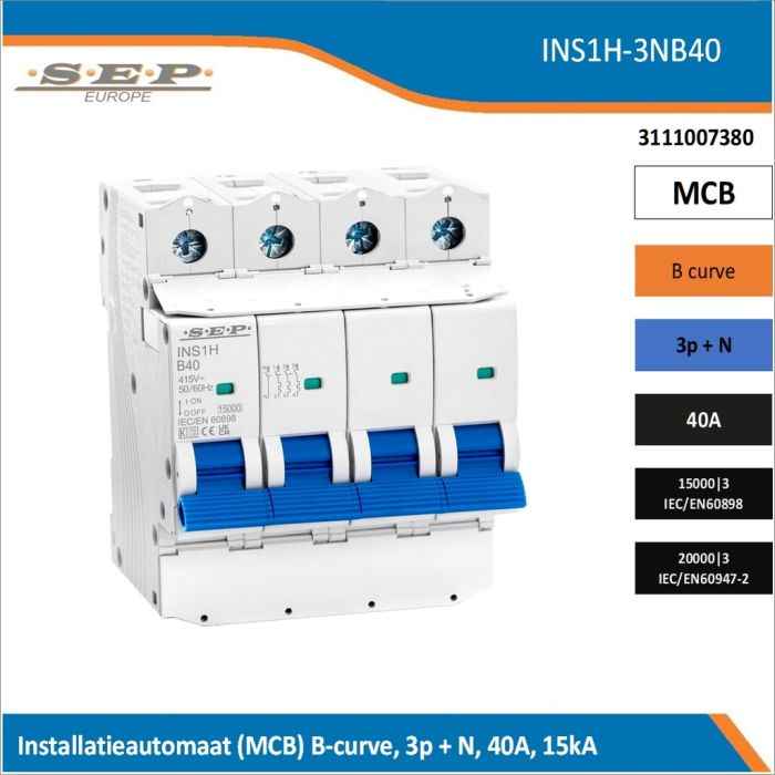 SEP Europe INS1H-3NB40 installatieautomaat, MCB B-curve, 3p+N, 40A, kortsluitvastheid 15kA/20kA SEP Europe INS1H-3NB40 installatieautomaat, MCB B-curve, 3p+N, 40A, kortsluitvastheid 15kA/20kA
