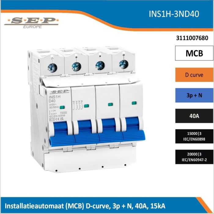 SEP Europe INS1H-3ND40 installatieautomaat, MCB D-curve, 3p+N, 40A, kortsluitvastheid 15kA/20kA SEP Europe INS1H-3ND40 installatieautomaat, MCB D-curve, 3p+N, 40A, kortsluitvastheid 15kA/20kA