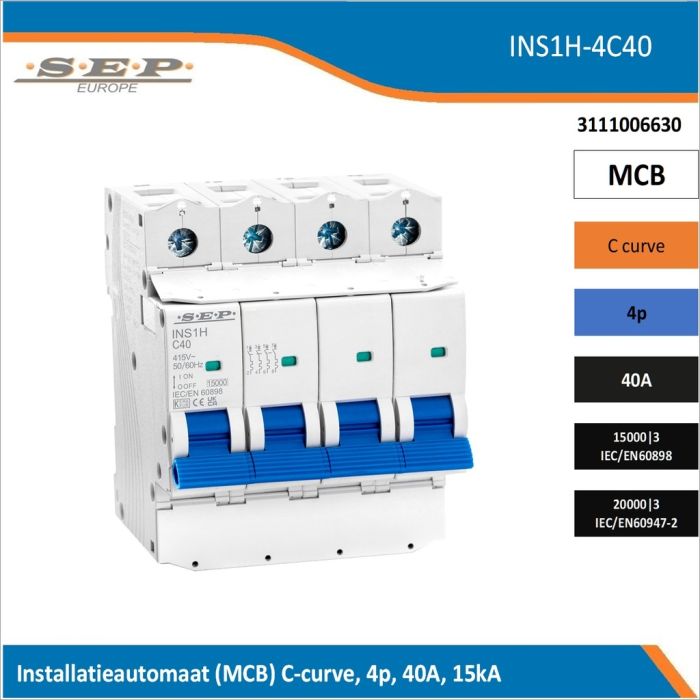 SEP Europe INS1H-4C40 installatieautomaat, MCB C-curve, 4p, 40A, kortsluitvastheid 15kA/20kA SEP Europe INS1H-4C40 installatieautomaat, MCB C-curve, 4p, 40A, kortsluitvastheid 15kA/20kA