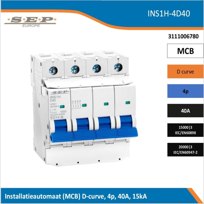 SEP Europe INS1H-4D40 installatieautomaat, MCB D-curve, 4p, 40A, kortsluitvastheid 15kA/20kA SEP Europe INS1H-4D40 installatieautomaat, MCB D-curve, 4p, 40A, kortsluitvastheid 15kA/20kA
