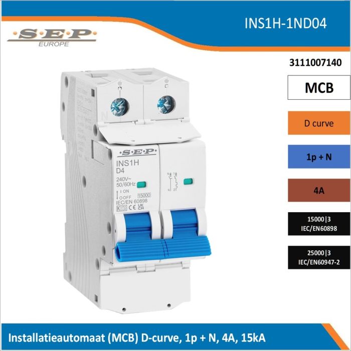 SEP Europe INS1H-1ND04 installatieautomaat, MCB D-curve, 1p+N, 4A, kortsluitvastheid 15kA/25kA