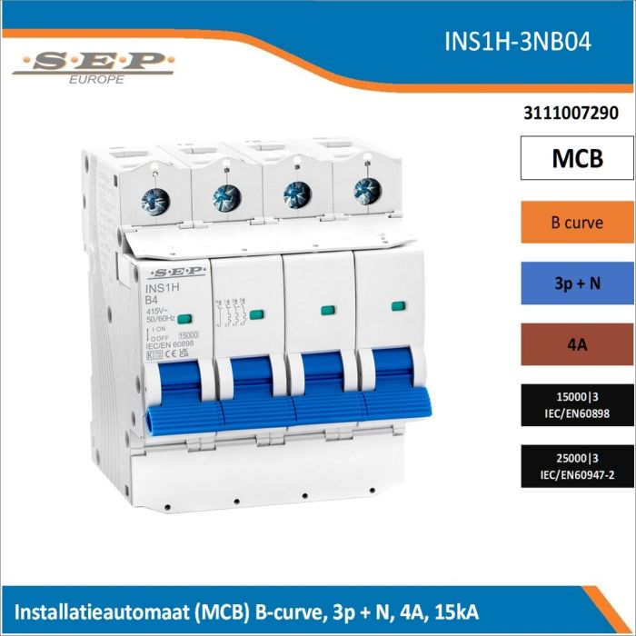 SEP Europe INS1H-3NB04 installatieautomaat, MCB B-curve, 3p+N, 4A, kortsluitvastheid 15kA/25kA