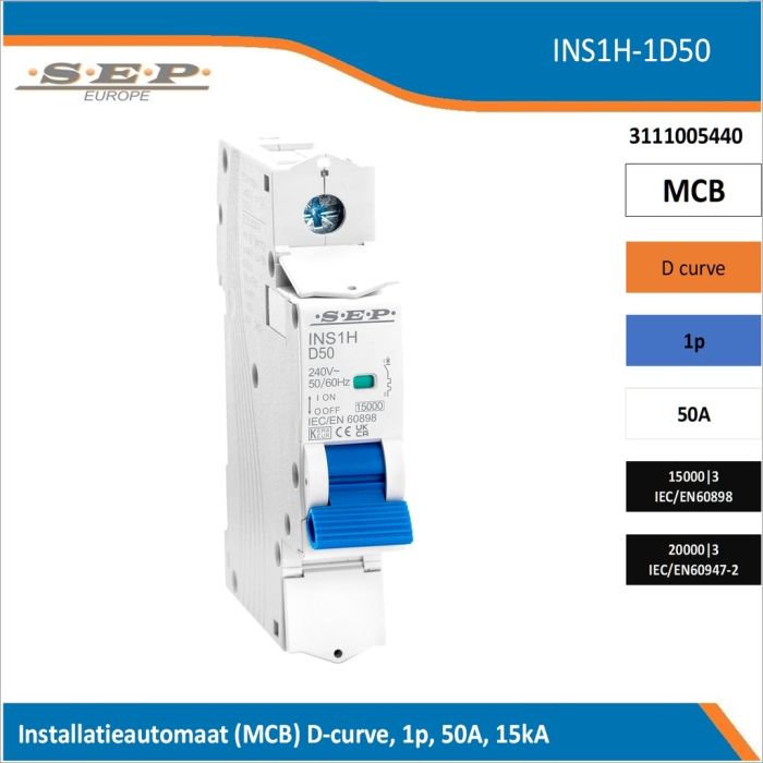 SEP Europe INS1H-1D50 installatieautomaat, MCB D-curve, 1p, 50A, kortsluitvastheid 15kA/20kA SEP Europe INS1H-1D50 installatieautomaat, MCB D-curve, 1p, 50A, kortsluitvastheid 15kA/20kA