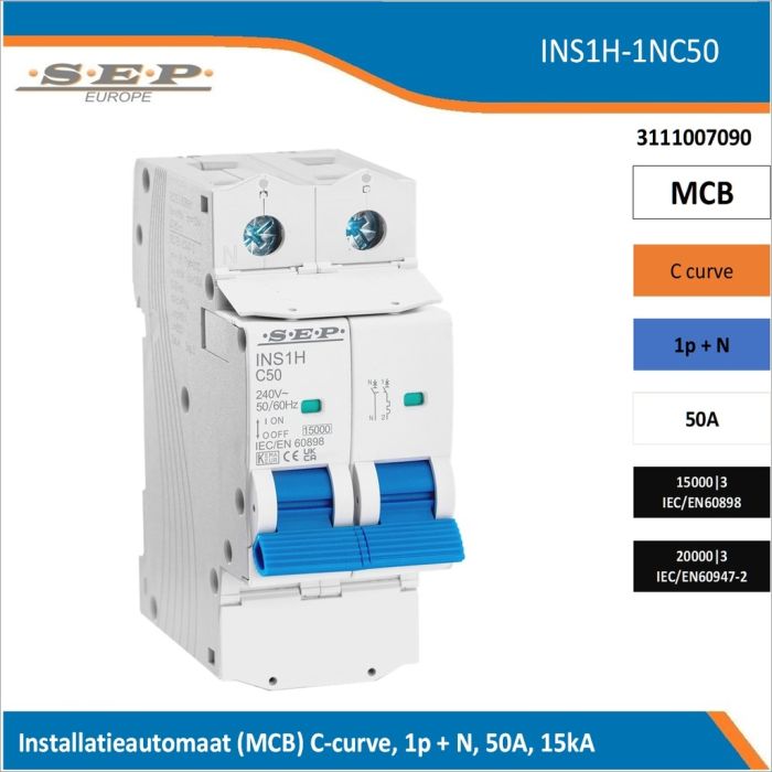 SEP Europe INS1H-1NC50 installatieautomaat, MCB C-curve, 1p+N, 50A, kortsluitvastheid 15kA/20kA
