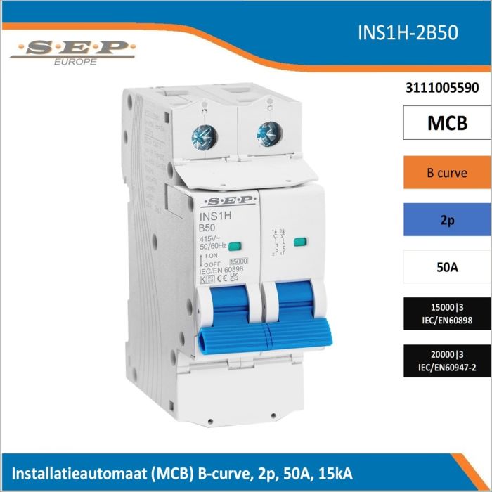 SEP Europe INS1H-B50 installatieautomaat, MCB B-curve, 2p, 50A, kortsluitvastheid 15kA/20kA
