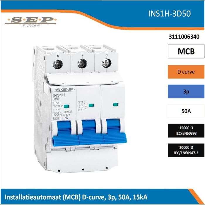 SEP Europe INS1H-3D50 installatieautomaat, MCB D-curve, 3p, 50A, kortsluitvastheid 15kA/20kA SEP Europe INS1H-3D50 installatieautomaat, MCB D-curve, 3p, 50A, kortsluitvastheid 15kA/20kA
