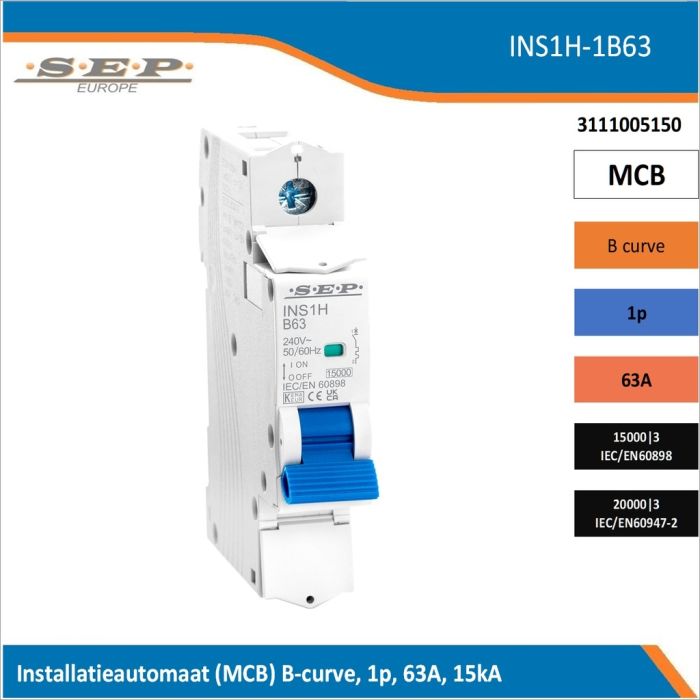 SEP Europe INS1H-1B63 installatieautomaat, MCB B-curve, 4p, 63A, kortsluitvastheid 15kA/20kA SEP Europe INS1H-1B63 installatieautomaat, MCB B-curve, 4p, 63A, kortsluitvastheid 15kA/20kA