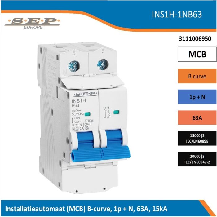 SEP Europe INS1H-1NB63 installatieautomaat, MCB B-curve, 1p+N, 63A, kortsluitvastheid 15kA/20kA SEP Europe INS1H-1NB63 installatieautomaat, MCB B-curve, 1p+N, 63A, kortsluitvastheid 15kA/20kA