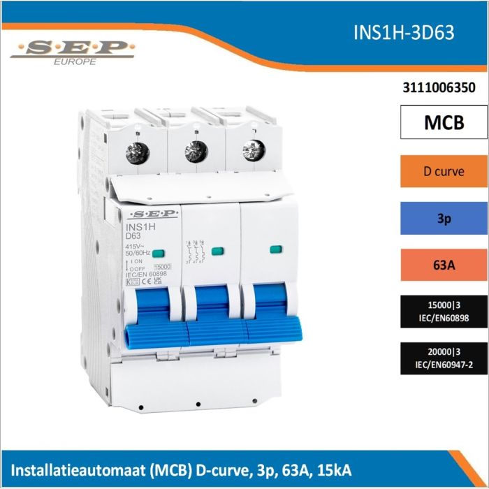 SEP Europe INS1H-3D63 installatieautomaat, MCB D-curve, 3p, 63A, kortsluitvastheid 15kA/20kA SEP Europe INS1H-3D63 installatieautomaat, MCB D-curve, 3p, 63A, kortsluitvastheid 15kA/20kA