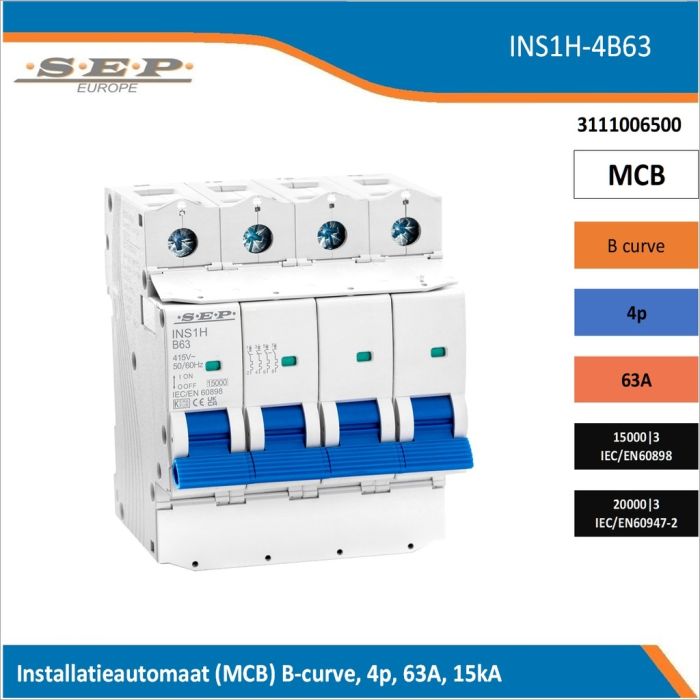 SEP Europe INS1H-4B63 installatieautomaat, MCB B-curve, 4p, 63A, kortsluitvastheid 15kA/20kA SEP Europe INS1H-4B63 installatieautomaat, MCB B-curve, 4p, 63A, kortsluitvastheid 15kA/20kA