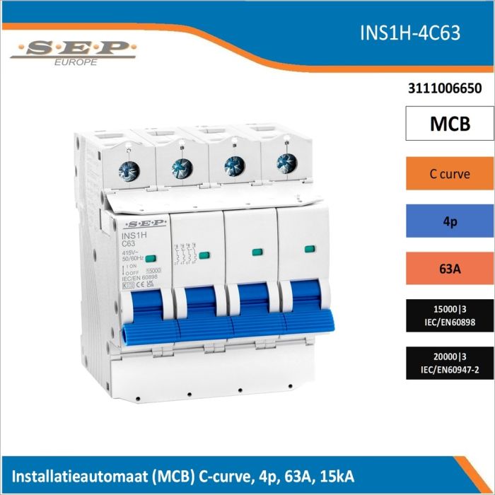 SEP Europe INS1H-4C63 installatieautomaat, MCB C-curve, 4p, 63A, kortsluitvastheid 15kA/20kA