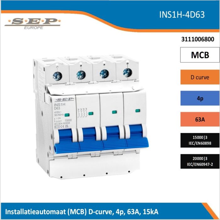 SEP Europe INS1H-4D63 installatieautomaat, MCB D-curve, 4p, 63A, kortsluitvastheid 15kA/20kA SEP Europe INS1H-4D63 installatieautomaat, MCB D-curve, 4p, 63A, kortsluitvastheid 15kA/20kA
