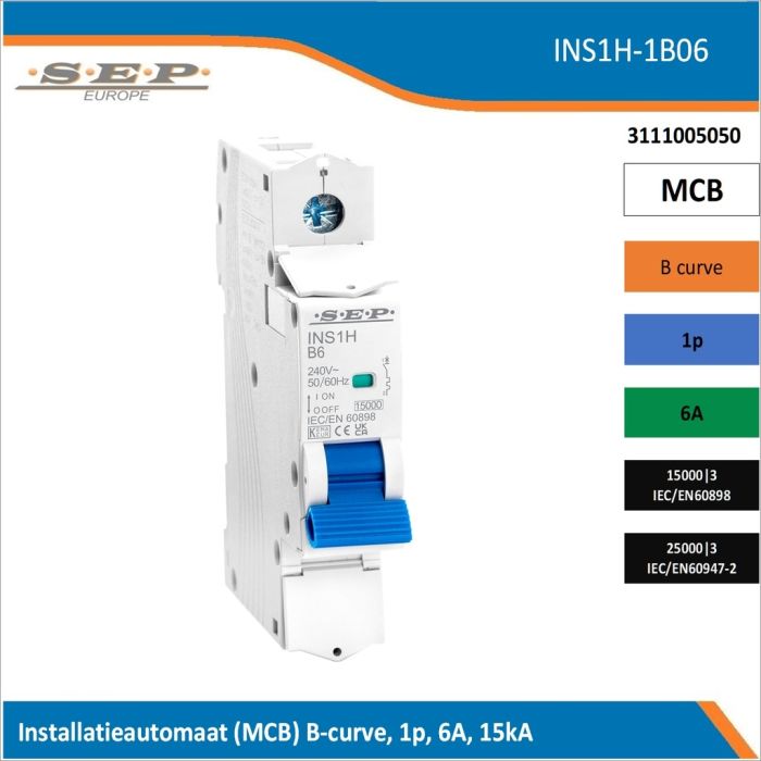 SEP Europe INS1H-1B06 installatieautomaat, MCB B-curve, 1p, 6A, kortsluitvastheid 15kA/25kA