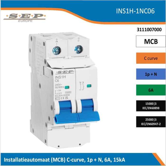SEP Europe INS1H-1NC06 installatieautomaat, MCB C-curve, 1p+N, 6A, kortsluitvastheid 15kA/25kA SEP Europe INS1H-1NC06 installatieautomaat, MCB C-curve, 1p+N, 6A, kortsluitvastheid 15kA/25kA