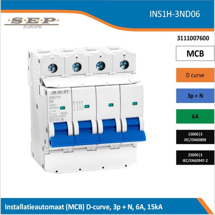 SEP Europe INS1H-3ND06 installatieautomaat, MCB D-curve, 3p+N, 6A, kortsluitvastheid 15kA/25kA