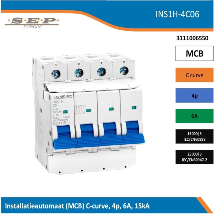 SEP Europe INS1H-4C06 installatieautomaat, MCB C-curve, 4p, 6A, kortsluitvastheid 15kA/25kA SEP Europe INS1H-4C06 installatieautomaat, MCB C-curve, 4p, 6A, kortsluitvastheid 15kA/25kA