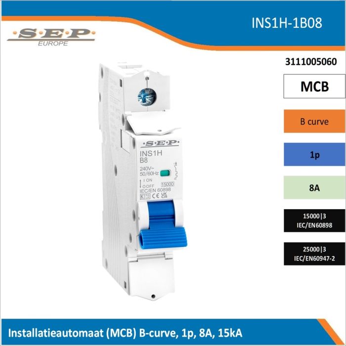 SEP Europe INS1H-1B08 installatieautomaat, MCB B-curve, 1p, 8A, kortsluitvastheid 15kA/25kA SEP Europe INS1H-1B08 installatieautomaat, MCB B-curve, 1p, 8A, kortsluitvastheid 15kA/25kA