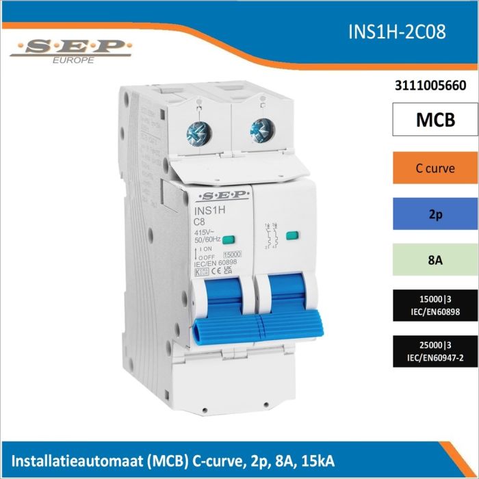 SEP Europe INS1H-2C08 installatieautomaat, MCB C-curve, 2p, 8A, kortsluitvastheid 15kA/25kA