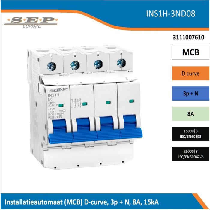 SEP Europe INS1H-3ND08 installatieautomaat, MCB D-curve, 3p+N, 8A, kortsluitvastheid 15kA/25kA SEP Europe INS1H-3ND08 installatieautomaat, MCB D-curve, 3p+N, 8A, kortsluitvastheid 15kA/25kA