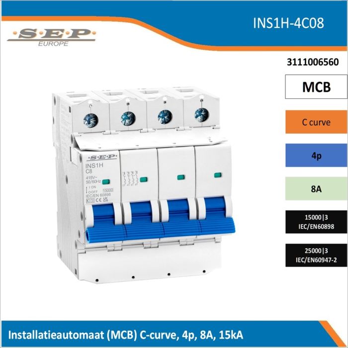SEP Europe INS1H-4C08 installatieautomaat, MCB C-curve, 4p, 8A, kortsluitvastheid 15kA/25kA SEP Europe INS1H-4C08 installatieautomaat, MCB C-curve, 4p, 8A, kortsluitvastheid 15kA/25kA