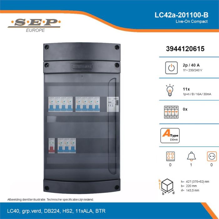 SEP Live-On Compact, LC42a-201100-B, 40A, 1-fase groepenkast, 11-lichtgroepen, 1-beltrafo, technische details