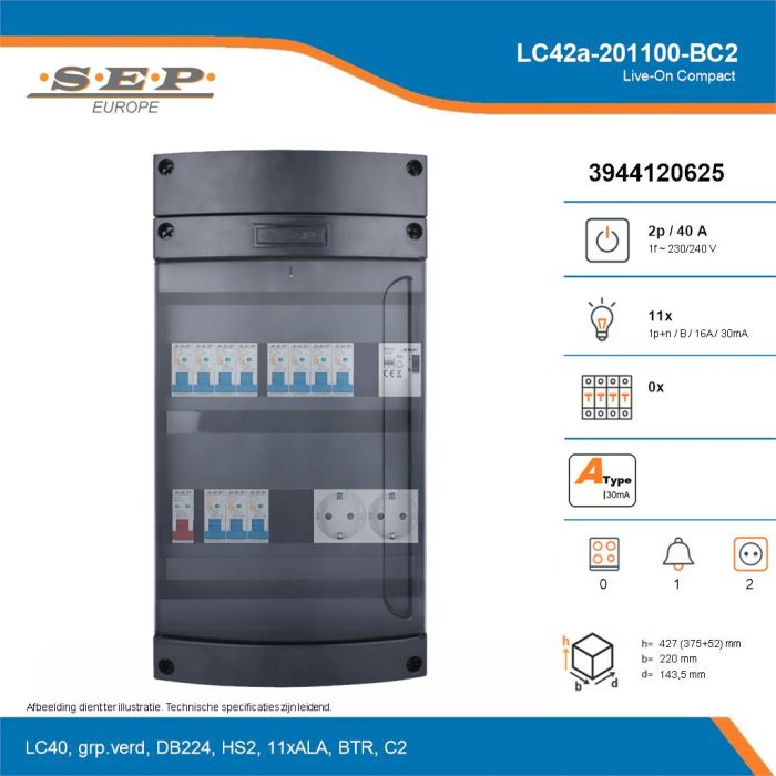 SEP Live-On Compact, LC42a-201100-BC2, 40A, 1-fase groepenkast, 11-lichtgroepen, 1-beltrafo,  2V-contactdoos, technische details