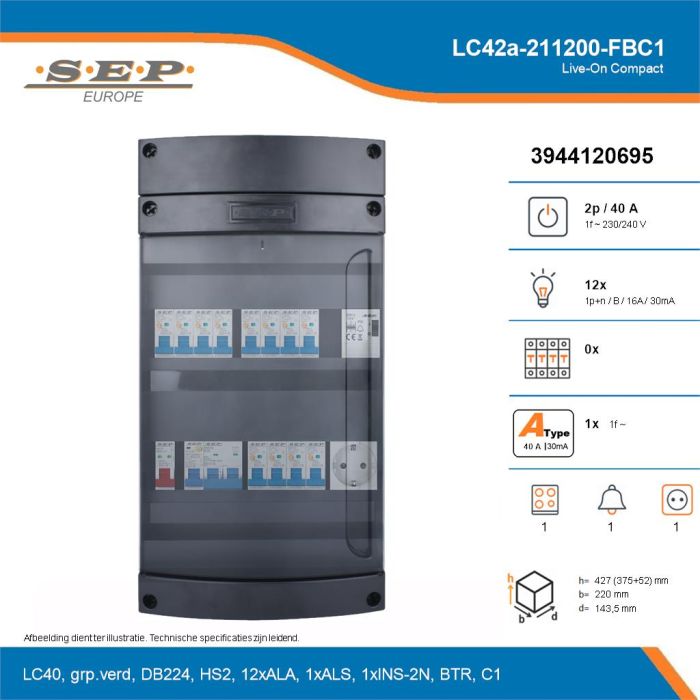 SEP Live-On Compact, LC42a-211200-FBC1, 40A, 1-fase groepenkast, 12-lichtgroepen, 1-fornuisgroep, 1-beltrafo,  1V-contactdoos, technische details