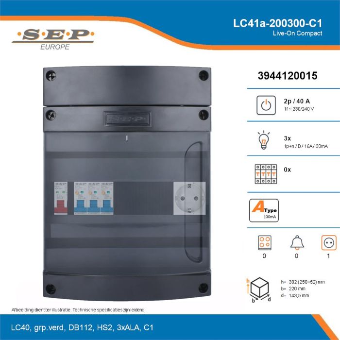 SEP Live-On Compact, LC41a-200300-C1, 40A, 1-fase groepenkast, 3-lichtgroepen,  1V-contactdoos, technische details