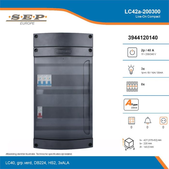 SEP Live-On Compact, LC42a-200300, 40A, 1-fase groepenkast, 3-lichtgroepen, technische details