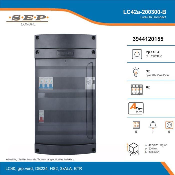 SEP Live-On Compact, LC42a-200300-B, 40A, 1-fase groepenkast, 3-lichtgroepen, 1-beltrafo, technische details