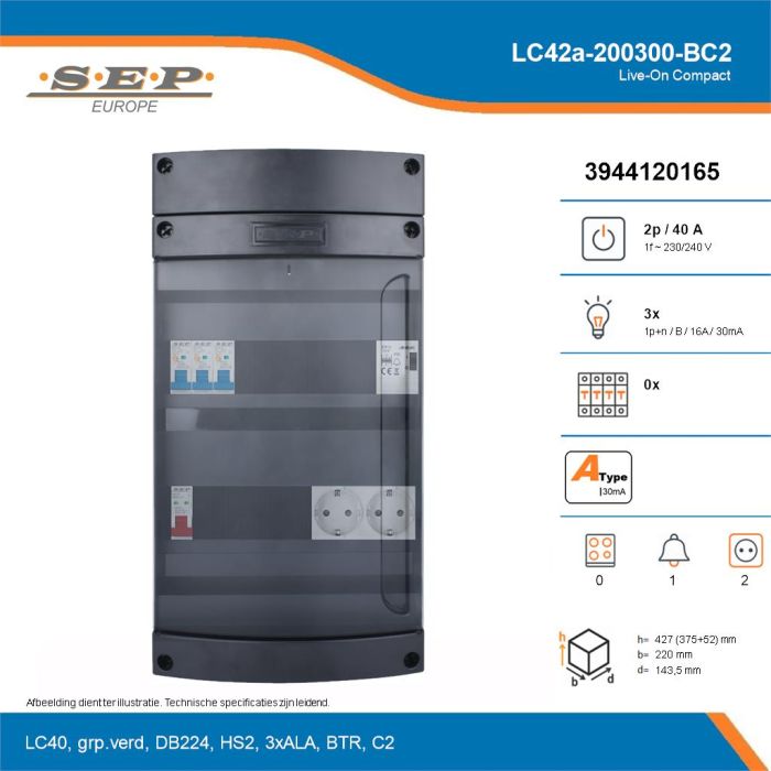SEP Live-On Compact, LC42a-200300-BC2, 40A, 1-fase groepenkast, 3-lichtgroepen, 1-beltrafo,  2V-contactdoos, technische details