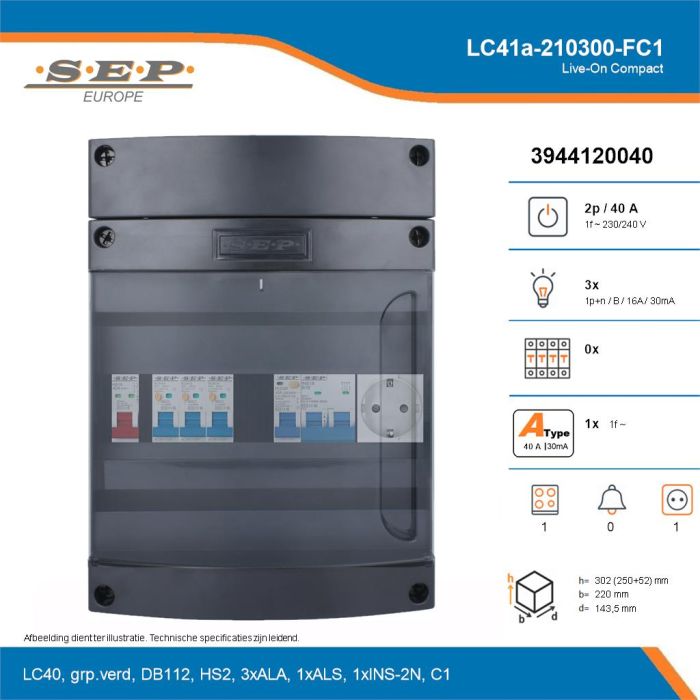 SEP Live-On Compact, LC41a-210300-FC1, 40A, 1-fase groepenkast, 3-lichtgroepen, 1-fornuisgroep,  1V-contactdoos, technische details