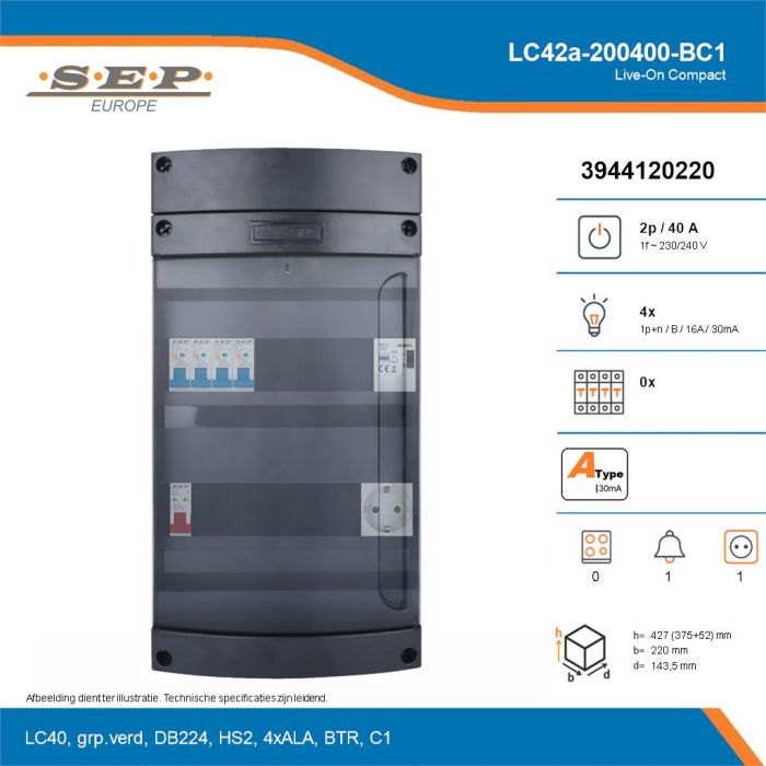 SEP Live-On Compact, LC42a-200400-BC1, 40A, 1-fase groepenkast, 4-lichtgroepen, 1-beltrafo,  1V-contactdoos, technische details