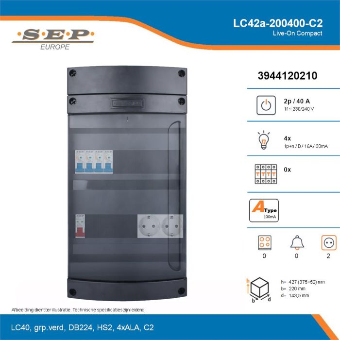 SEP Live-On Compact, LC42a-200400-C2, 40A, 1-fase groepenkast, 4-lichtgroepen,  2V-contactdoos, technische details