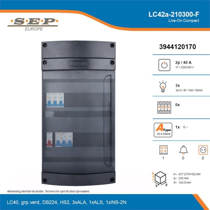 SEP Live-On Compact, LC42a-210300-F, 40A, 1-fase groepenkast, 3-lichtgroepen, 1-fornuisgroep, technische details