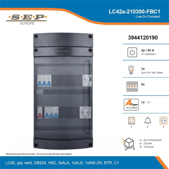 SEP Live-On Compact, LC42a-210300-FBC1, 40A, 1-fase groepenkast, 3-lichtgroepen, 1-fornuisgroep, 1-beltrafo,  1V-contactdoos, technische details