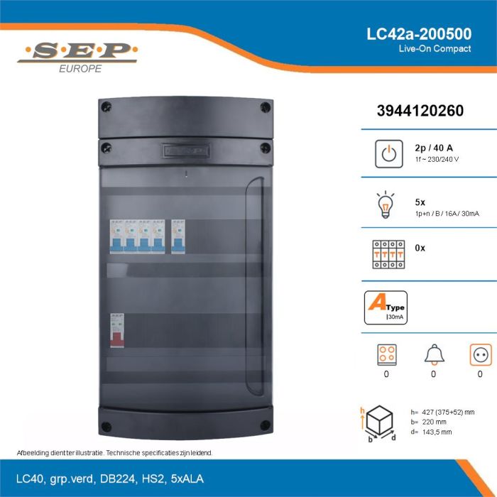 SEP Live-On Compact, LC42a-200500, 40A, 1-fase groepenkast, 5-lichtgroepen, technische details
