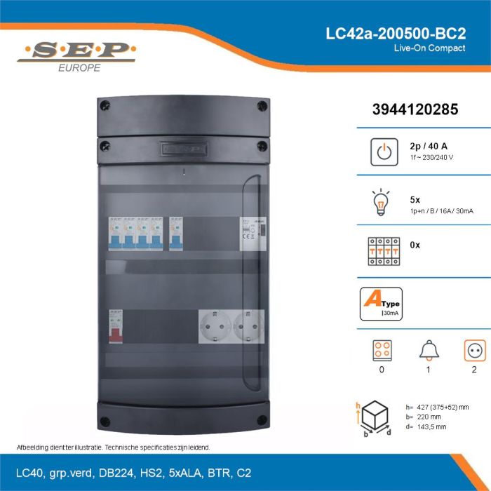 SEP Live-On Compact, LC42a-200500-BC2, 40A, 1-fase groepenkast, 5-lichtgroepen, 1-beltrafo,  2V-contactdoos, technische details